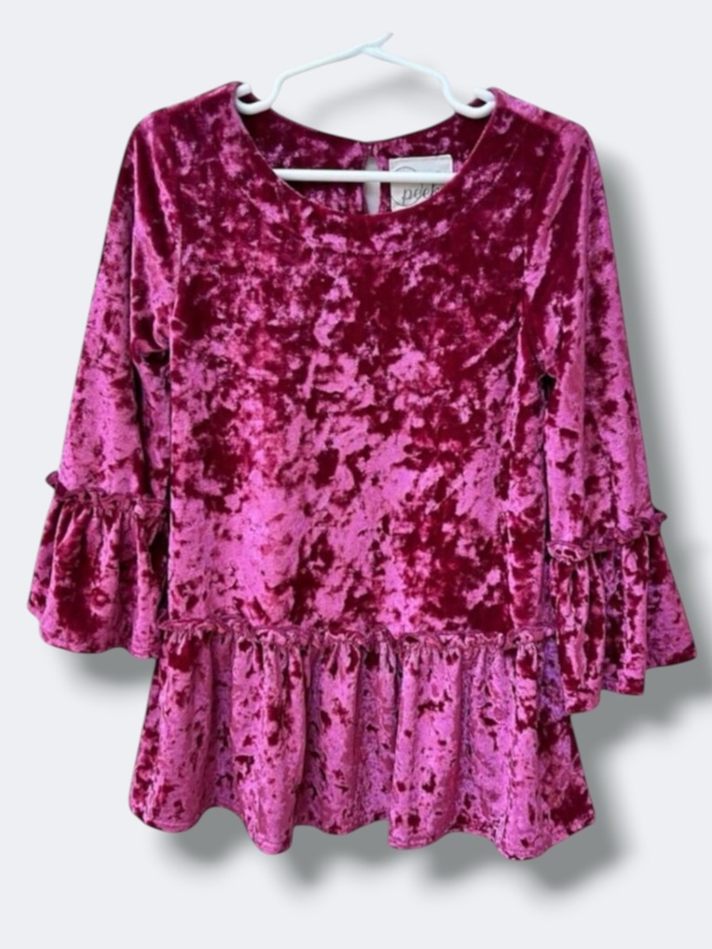 🌵3/$20 Peek Dress Girls XS 2-3 Fuchsia Crushed Velvet Bell Sleeve Ruffle Holiday